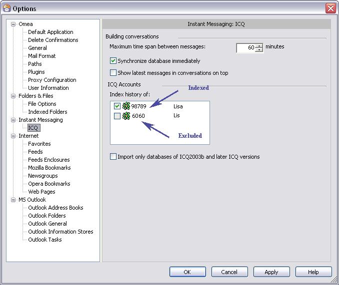 Options Dialog: ICQ options